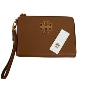 Tory Burch Tan Britten Large Zip Pouch Wristlet Clutch Bag Purse